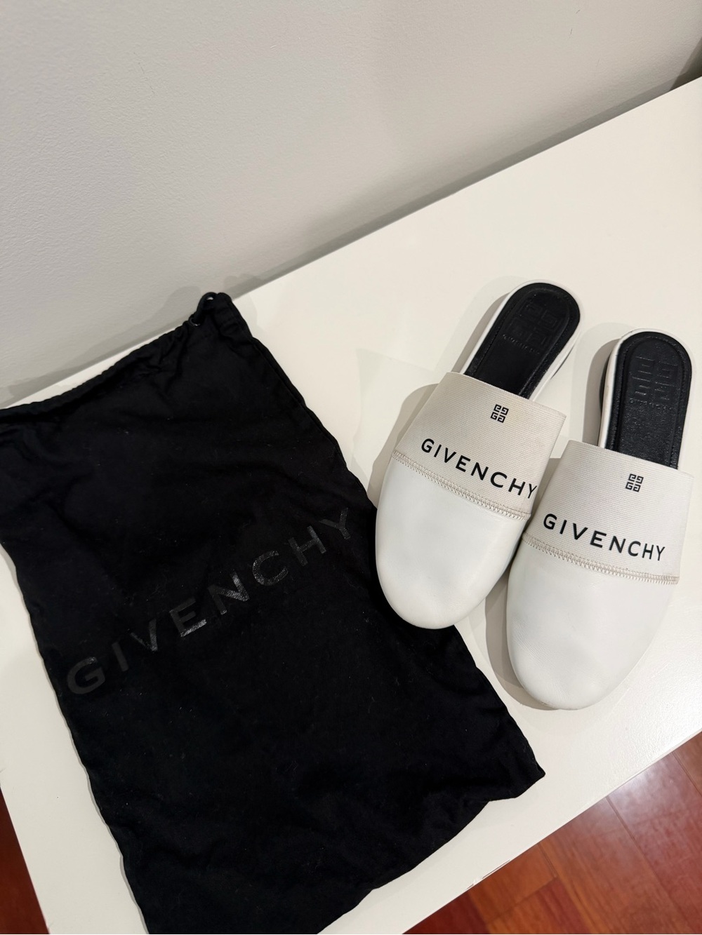 Givenchy White and Black Logo Slip-On Mules
